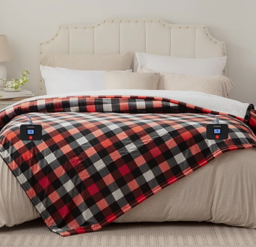 Westinghouse King Size Heated Blanket, Soft Flannel to Sherpa Electric Blanket with Dual Control 10 Heating Levels & 1 to 12 Hours Auto Off, Fast Heating, Machine Washable, 100 * 90 Inch, Red