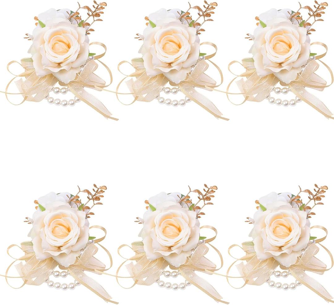 Meldel Champagne Prom Flower Wrist Corsage for Wedding, Set of 6, Rose Wrist Flower for Mother of Bride and Groom , Bride Bridesmaid Girl Women Party, Homecoming Ceremony Anniversary