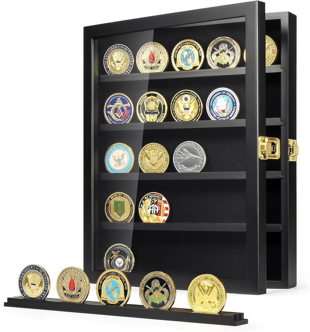 TJ.MOREE Military Challenge Coin Display Case, Coin Display Holder Wall Mount with Removable Shelves, Shadow Box for Medals Pin Badges Buttons