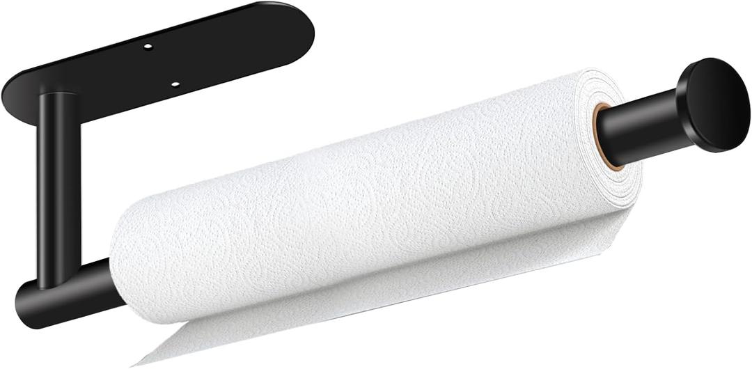 Paper Towel Holder, Self Adhesive or Drilling Paper Towel Holder Under Cabinet, Stainless Steel Black Paper Towel Holders Wall Mount for Kitchen, Bathroom, Sink, Pantry, Fridge