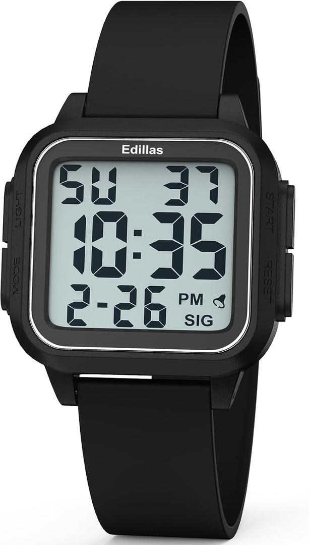Edillas Square Sport Watch Digital for Women's Men's (Big Numbers Large Face 5ATM Waterproof Alarm Stopwatch Date Week Military Back Light) Watch for Teenagers (Black)