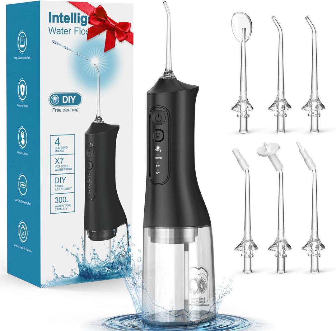 Water Flosser, Rechargeable 300ML IPX7 Waterproof Cordless Portable Oral Irrigator with 4 Modes & 6 Replaceable Jet Tips-Professional Flossing Cleaner for Daily Home Use,Travel,Gums,Braces Care-Black