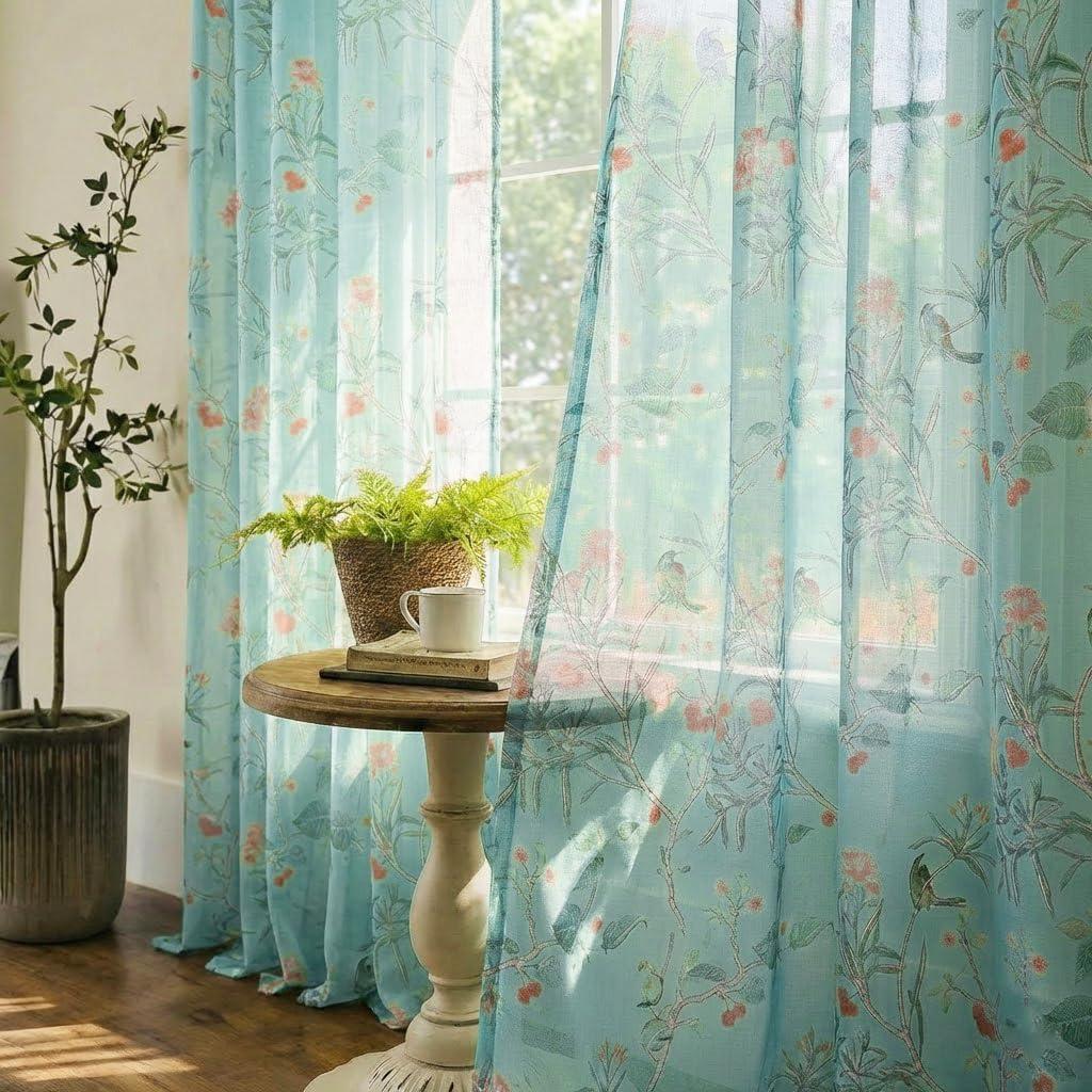 XTMYI Turquoise Aqua Blue Coastal Sheer Curtains, Botanical Floral Printed Grandmillennial Home Decor Summer Window Panel for Beach Theme Living Room Bedroom, 84 Inch Length