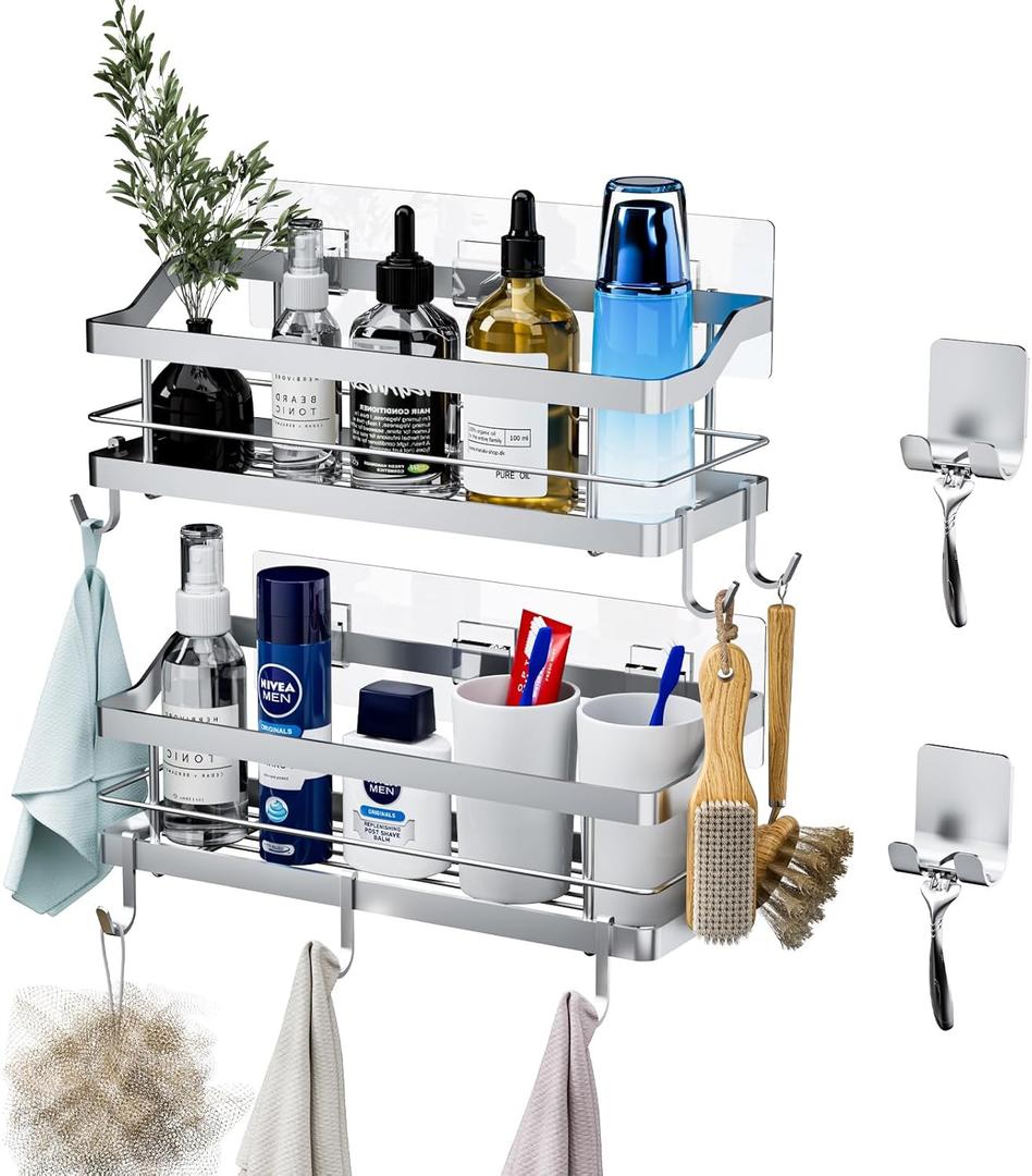 Carwiner Shower Caddy Bathroom Shelf 2-Pack, Basket with 8 Hooks for Hanging Shampoo Conditioner, SUS304 Stainless Steel Rack Wall Mounted Storage Organizer for Kitchen, No Drilling (Silver)