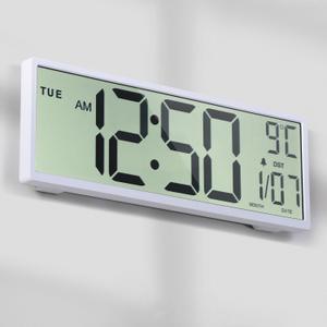 Digital Wall Clock Battery Operated, 15" Digital Clock Large Display with Date and Day of Week, Large Number with Temperature, Auto DST, Alarm, Snooze, 12/24-hour for Desk Office (White)