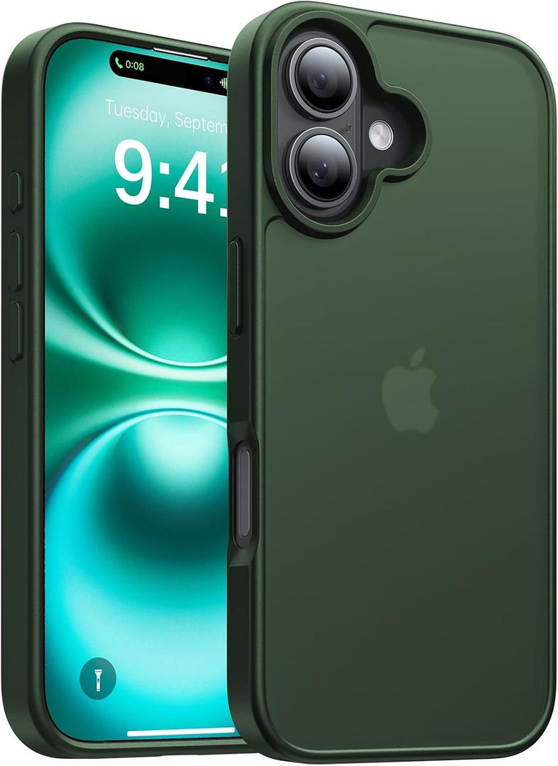 2 x for iPhone 16 Case, [Military-Grade Drop Protection][Anti-Yellowing] Shockproof Protective Translucent Matte Cover for iPhone 16 Phone Case,Alpine Green