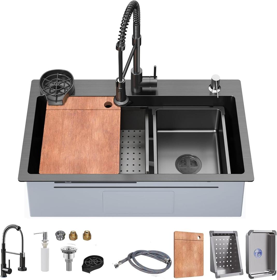 32 x 19 inch Kitchen Sink, Single Bowl Stainless Steel Sink Multifunctional Drop In Sink with Pull-Down Faucet and Multiple Accessories (black grey, 32 * 19 inch)