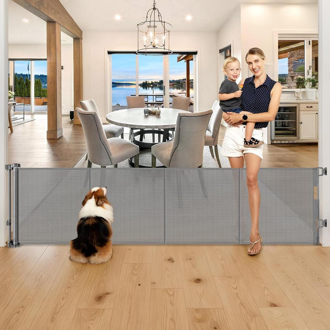 28 Inch Tall Retractable Baby Gates, 80" Wide Reinforced Retractable Dog Gate with Support Rods, Walk Through Pet Gate, Short Dog Gate Retractable Pet Gate, Mesh Baby Gate for Stairs, Doorways, Gray