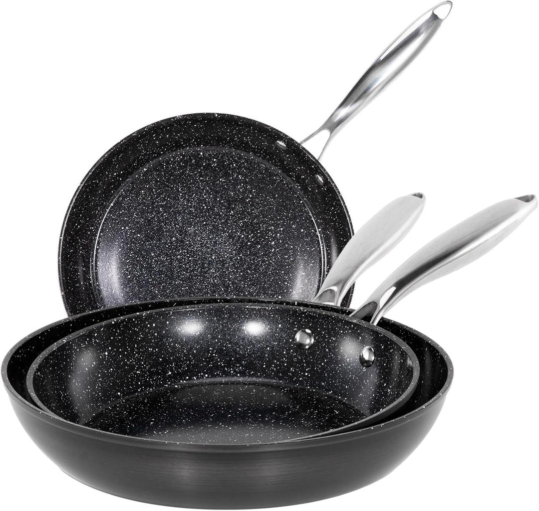 Kitchen Academy Hard Anodized Non Stick Frying Pans Set 3 Piece - 7.8 & 9.5 & 11 Black Ceramic Pan Skillet, Healthy Non Toxic Pans for Cooking, PTFE & PFOA Free, Induction & Oven Safe (500F)