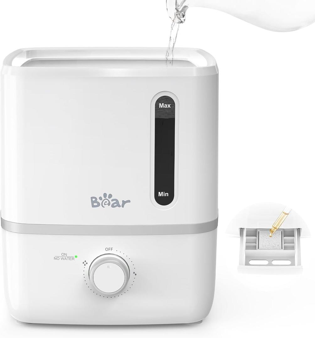 Bear Humidifiers for Bedroom, 3L Cool Mist Humidifiers and Oil Diffuser, Quiet Rapid humidifiers for Home Whole House, with Adjustable Mist Output and Auto Shut-off, White