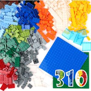 MALEKO 310 Pieces Classic Bricks Parts Pack, 2 Stackable Base Plates Transparent Flat Plates and Basic Creative Bulk Blocks, Compatible Starter Building Blocks in Random Color - Mixed Shape