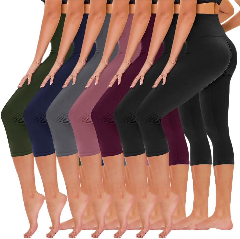 TNNZEET 7 Pack Leggings for Women - High Waisted Yoga Pants with Pockets Black Leggings Women Full Length & Capri (Large-X-Large, Black*2/ Purple/ Dark Pink/ Grey/ Navy Blue/ Olive Green)
