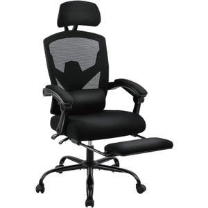 Sweetcrispy Office Computer Desk Chair, Ergonomic High-Back Mesh Rolling Work Swivel Chairs with Wheels, Comfortable Lumbar Support, Comfy Arms for Home, Bedroom, Study, Student, Black, With Footrest