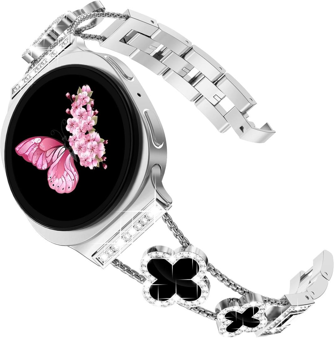 KADES Compatible with Samsung Galaxy Watch 8/8 Classic / 7/6 / 5/4 Band, 40mm 44mm 45mm 47mm, Luxury Diamond Bracelet Chain Band for Women, Bling Jewelry Stainless Steel Strap (Silver/Black)