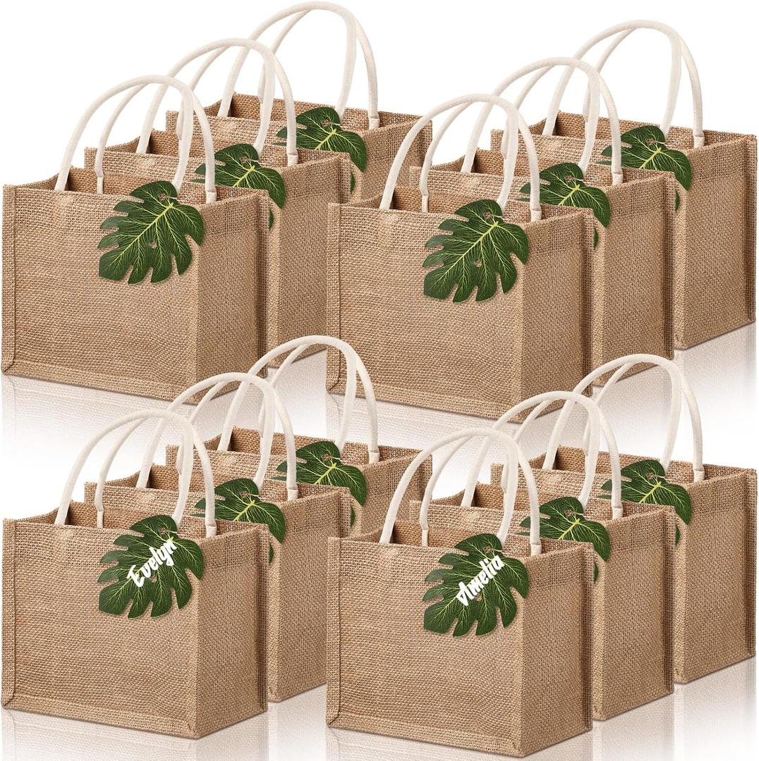 12 Pcs Burlap Jute Tote Bags Beach Bachelorette Gift Bag with Handles Tissue Paper Monstera Tag for Bridesmaid Party Favor (Small)