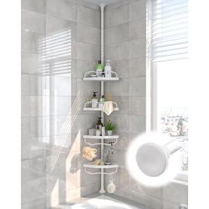 Corner Shower Caddy:125" Adjustable Inside Tension Shower Organizer Tension Pole,Rustproof Bathroom Organizer Shelves for Bathtub Shampoo Conditioner Storage,Floor to Ceiling Standing Showering Rack (White)