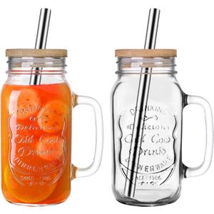 24 OZ Mason Jar Drinking Glasses with Bamboo Lids and Stainless Steel Straws for Party Beverages,Iced Coffee 2Pack