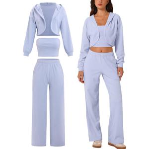 ABOCIW Womens 3 Piece Outfits Brushed Jersey Long Sleeve Hooded Cropped Shrug Bandeau Top Wide Leg Sweatpants Tracksuit