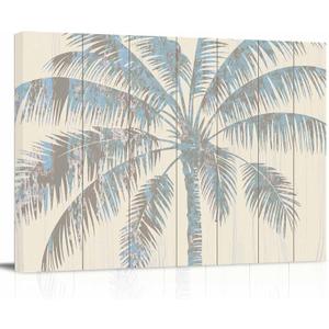 Tropical Palm Tree Canvas Print Wall Art - Mottled Beige Retro Wood Grain - Wall Decor Modern Artwork Paintings Pictures for Living Room Stretched and Framed Ready to Hang - 16" x 24"