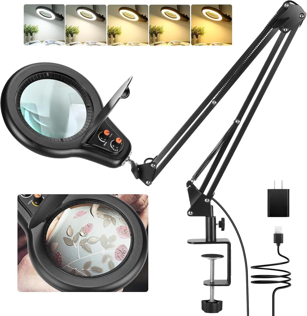 10X Large Magnifying Glass with Light and Clamp, Mechanical Knob Stepless Dimmable, 2*16 Inch Swivel Arm LED Magnifying Desk Lamp with Dust Cover, Stand Lighted Magnifier Hands Free for Crafts