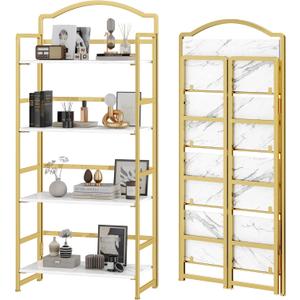 JSB 4 Tier No Assembly Folding Bookshelf, Arched Bookshelf, Foldable Bookcase for Living Room, Bedroom, Office,Skinny Bookshelf (White and Gold)