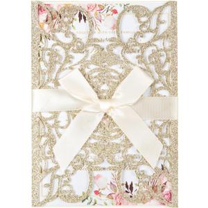 50pcs Gold Glitter Laser Cut Invitation Pocket Blank Wedding Invitations with Envelopes And Rsvp Cards Ribbons for Wedding Quinceanera Bridal Shower Engagement Party Invite