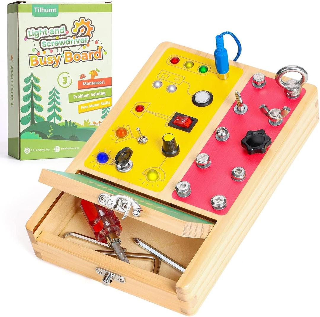Tilhumt 2-in-1 Busy Board with LED Light, Montessori Screwdriver Board Set with 6 LED Light Switches, Toddler Montessori Switch Fidget Board with Lockable Toolbox, Travel Activity Toys for Kids 3-5
