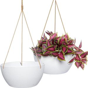 SwinDuck 12 Inch 2 Pack Large Hanging Planters for Indoor Outdoor Plants, Plastic Hanging Basket Pots for House Plants Flowers, White