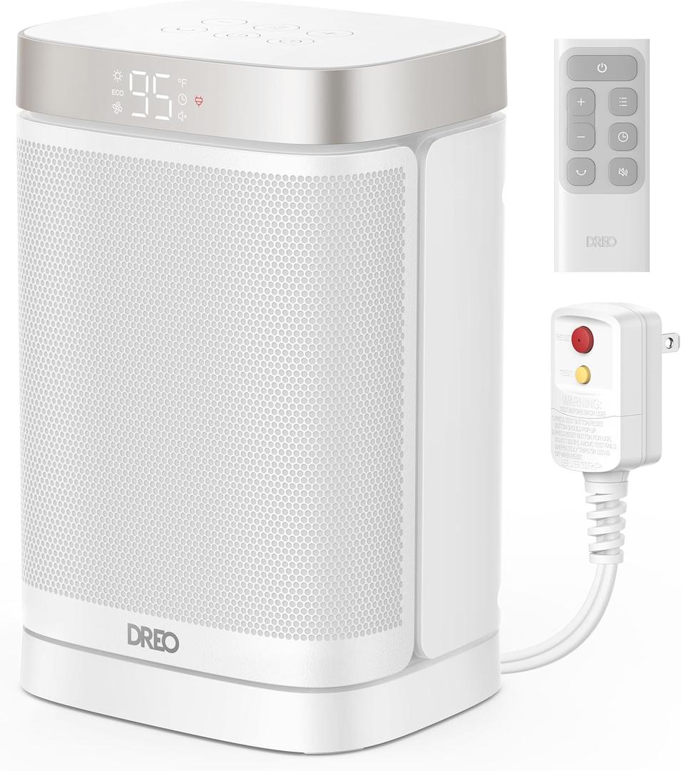 DREO Space Heater for Bathroom and Indoor, Portable Heater, 1500W Safe and Quiet PTC Ceramic Heater, 41-95F Digital Thermostat, 70Oscillating, Remote, ALCI Safety Plug, 12h Timer, 5 Modes, White