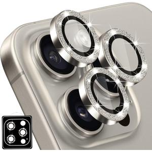 Designed for iPhone 16 Pro and 16 Pro Max Camera Lens Protector, Diamond Glitter Bling Sparkle Lens Cover 9H Tempered Glass Camera Cover Anti Scratch Shockproof Screen Protector for Women Girls (Natural Titanium Glitter)