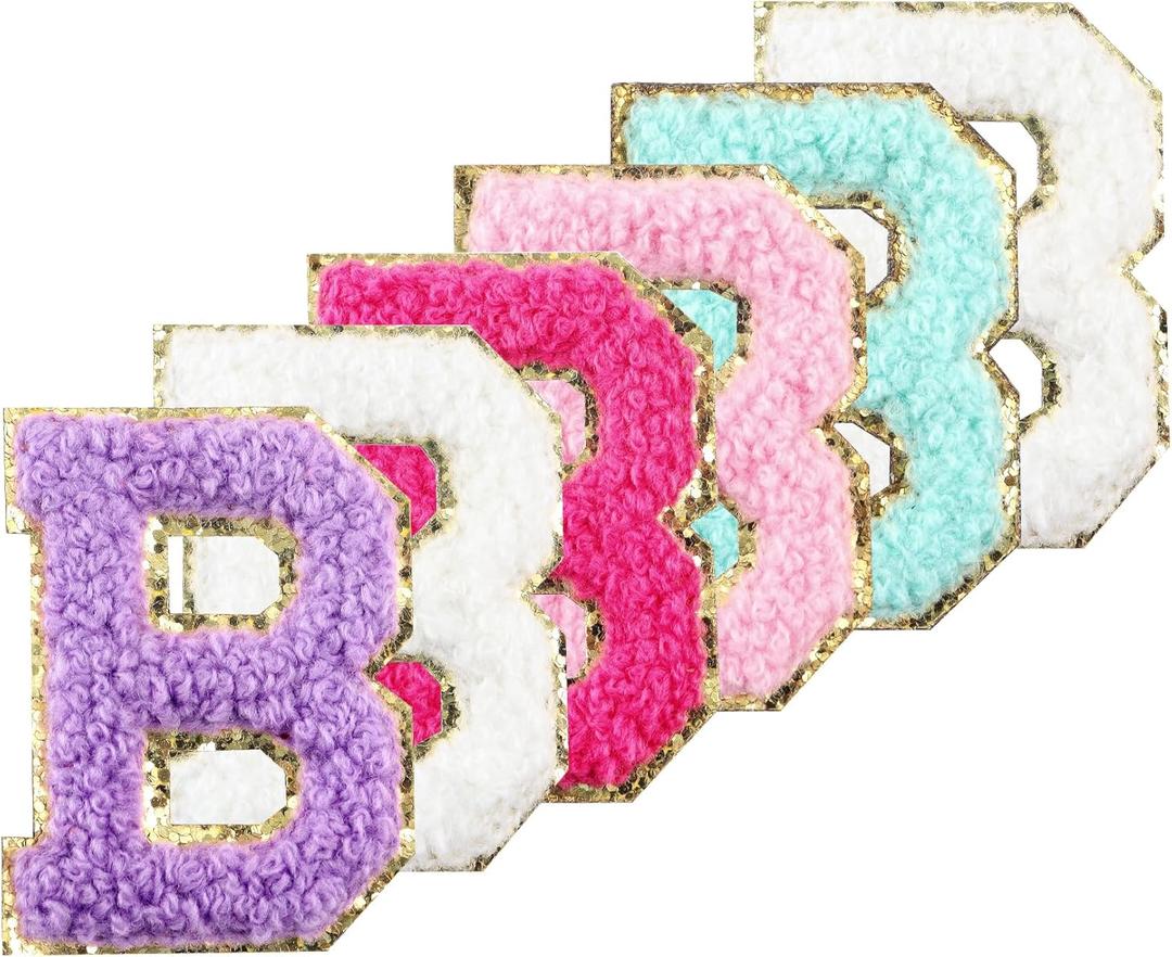6Pcs Self Adhesive Chenille Letter Patches 2 inch Preppy Varsity Letter Patches for Clothes and Hats, Large Letter Stickers for Laptop Phone Case Fridge,(Mixed Color,B)