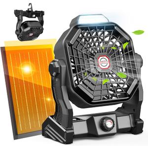 20000mAh Solar Camping Fan, 10W Solar Powered Fans with Solar Panel, Rechargeable Fan & Led Lantern, Battery Operated Powered Outdoor Tent Fans for Camping Summer Essentials (Black)