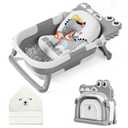 MoreFeel Collapsible Baby Bathtub for Newborn with Thermometer & 1 Hooded Towel & 1 Soft Floating Cushion,Portable Travel Bathtub with Drain Hole, Durable Foldable Baby Tubs for Infants to Toddler (Grey)