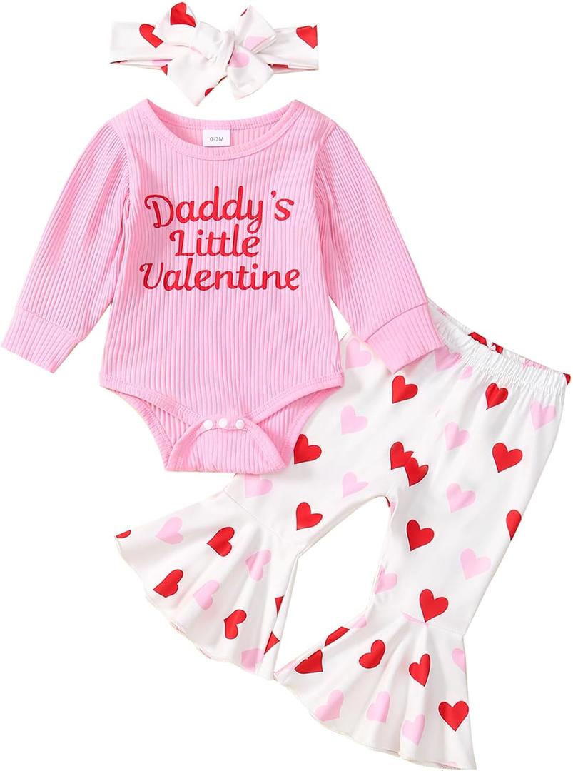 Baby Girl Valentine's Day Outfits Heart Print Romper+Flared Pants+Headband Infant Clothes 0-18 Months (Daddy's Little Valentine-pink)