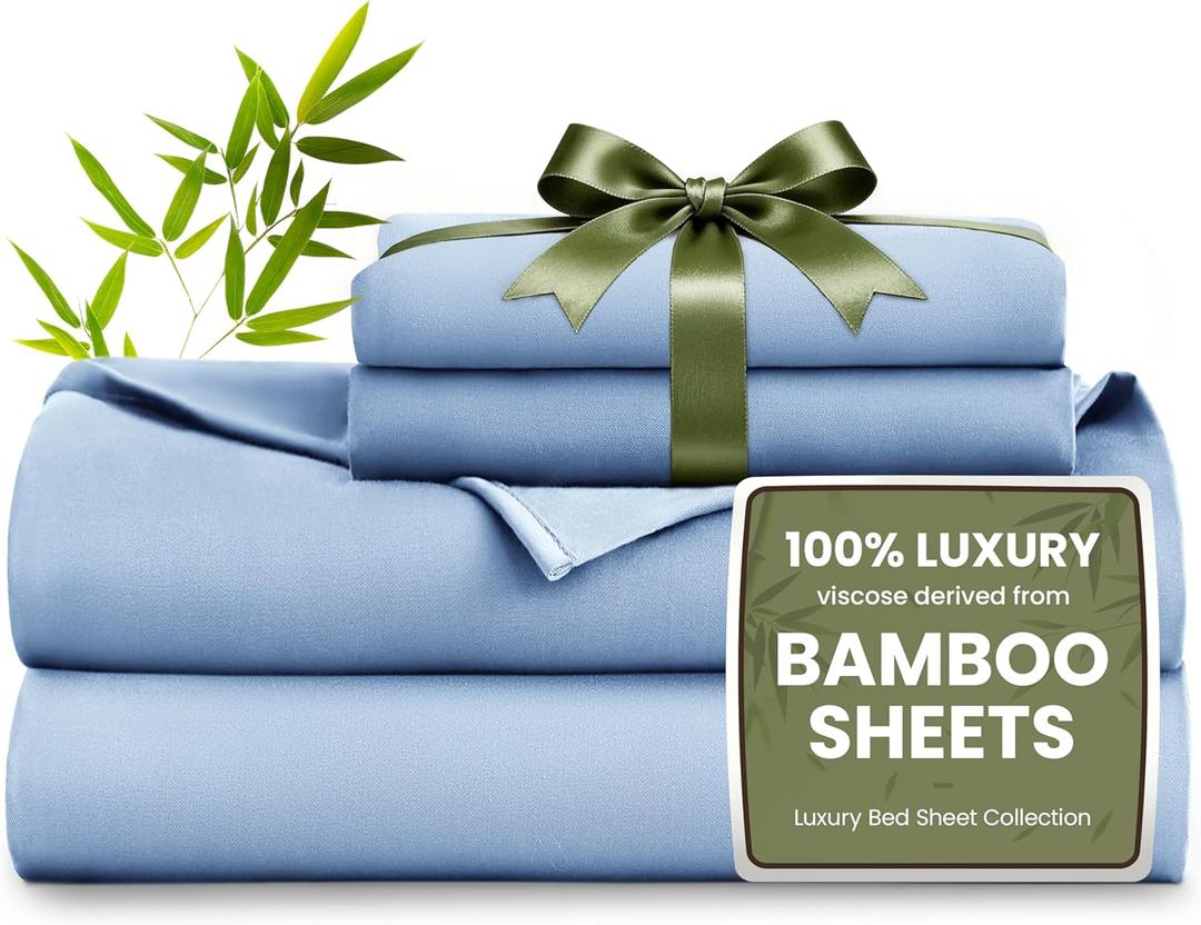 Love's cabin 4 Piece Queen Sheet Set, 100% Rayon Derived from Bamboo, Cooling & Breathable, Soft Silky Deep Pocket up to 16", Hotel Luxury Bedding for Hot Sleepers, Mineral Blue