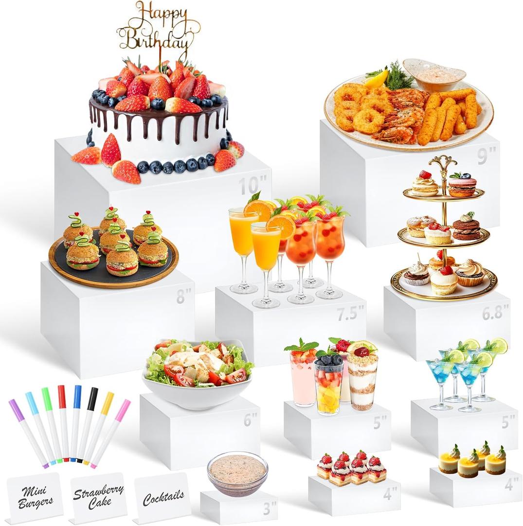 11 Pcs Buffet Risers and Stands with Mini Table Sign and Makers, Food Risers for Buffet Table Display Stand for Party Catering Dessert Jewelry Collectible (10" 9" 8" 7.5" 6.8" 6" 5" 5" 4" 4" 3")