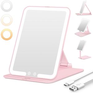 Travel Makeup Mirror with 3 Dimmable Color Lights, Portable Foldable LED Lighted Travel Makeup Mirror, Rechargeable Compact Vanity Mirror with Light, Adjustable Height and Angle for Desk, Pink