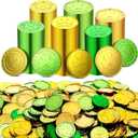 Sanwuta 600 Pieces St. Patrick's Day Gold Coins Plastic Gold Green Lucky Coins St Patricks Day Decorations 3 Leaf Clover Coins Shamrock Leprechaun Coins for Party Table Decorations Supplies