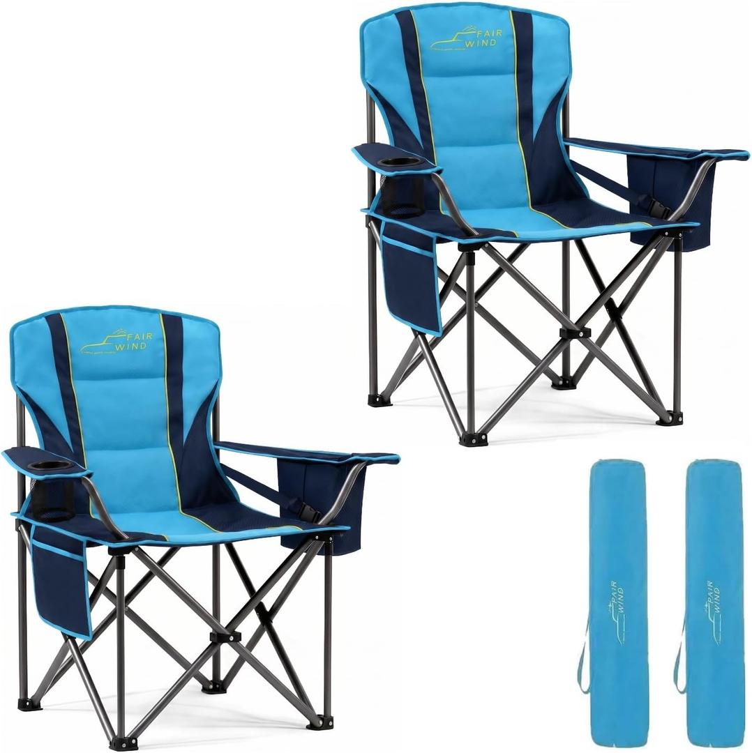 FAIR WIND 2 Pack Padded Camping Chair 500LBS Capacity Heavy Duty Oversized Folding Chair for Heavy People Portable Lawn Chair with Adjustable Lumbar Support, Cooler Bag & Cup Holder for Outdoor, Beach
