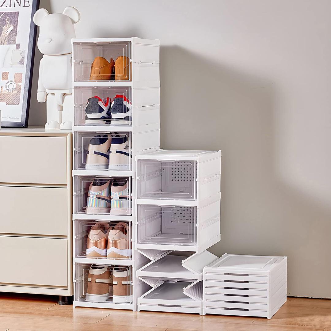 Drop Front Shoe Storage Box, No Assembly Stackable Shoe Organizer Storage Bin with Clear Door, Free Standing Shoe Shelf Cabinet with Lid, Plastic Shoe Rack for Closet Entryway, 6-Tier (6-Tier, White)