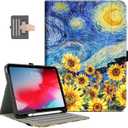 iPad (A16) 11th Generation Case 2025, for iPad 10th Generation Case Shockproof with Pencil Holder, Multi-Angle Adjustable Stand View with Pocket/Hand Strap/Auto Wake Sleep Starry Night Sunflowers