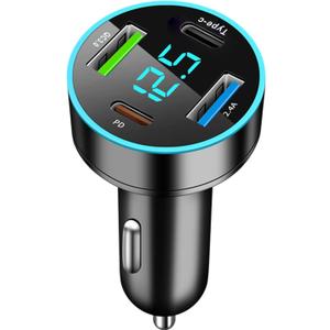 65W 4-Port USB Car Charger Adapter PD QC3.0 Cigarette Lighter Charger with LED Voltmeter for Samsung iPhone iPad