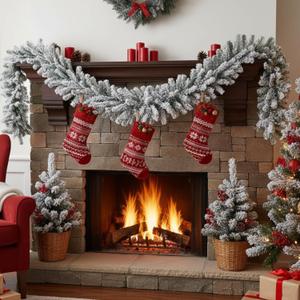 2 Pcs Snow Flocked Alaskan Pine Artificial Christmas Garland Thick White Winter Snowy Pine Garland Deluxe Faux Holiday Season Outdoor Wreath for Christmas Home Decorations (6 ft)