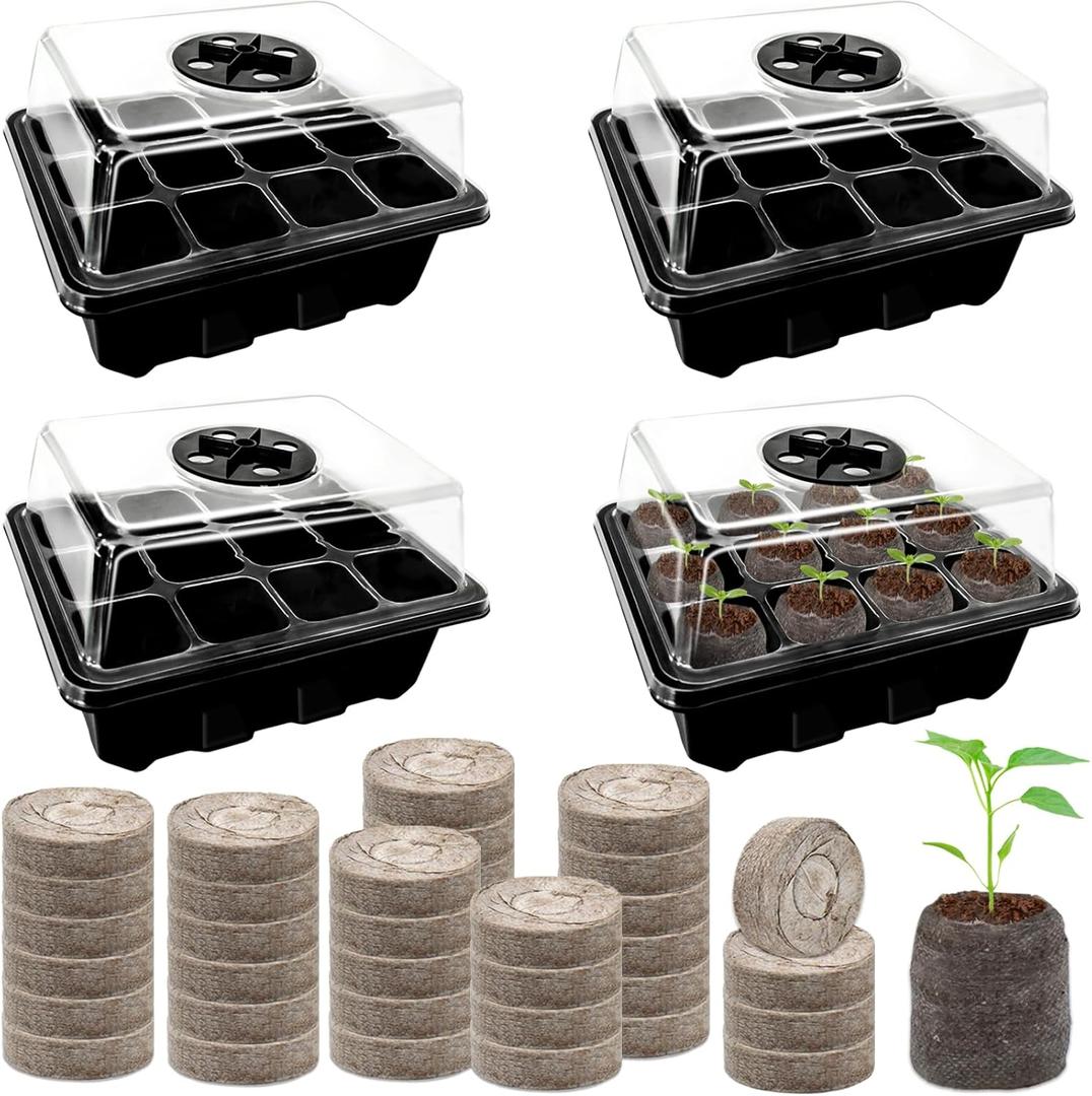 Halatool Seed Starter Kit 4 Pack 48 Cells Black Seed Starter Tray with 50 PCS Peat Pellets for Seedlings Organic Seed Stater Soil Pods for Planting Vegetables Plants Flowers & Starting Seeds