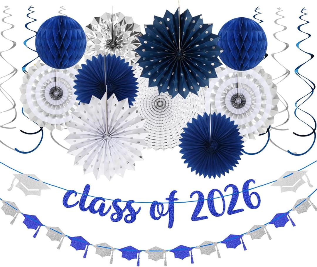 Navy-Blue Silver Party-Decorations Graduation Banner-Streamers - 18pcs Kits Class of 2026 Garland, Paper Tissue Pom Poms Fan, Honeycomb Lanterns Congrate Grad Congratulations Decor Panduola