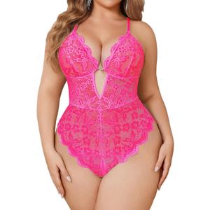 Avidlove Women Plus Size Lingerie Lace Teddy Deep V Lingerie Bodysuit One Piece Babydoll 14-22 Plus (X-Large, Rose Red)