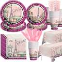 Paris Theme Party Decorations Supplies - Paris Eiffel Tower Decorations Tableware, Paper Plate, Cup, Napkin, Tablecloth, Cutlery, for Birthday Baby Shower Weddings Party | Serves 24