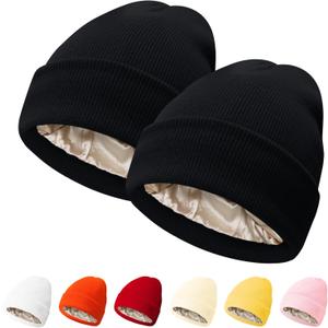 PFFY 2 Packs Womens Satin Lined Beanie Hat Silk Lining Winter Hats Beanies for Women Soft Slouchy Beanie Skull Cap (One Size, Black+Black)