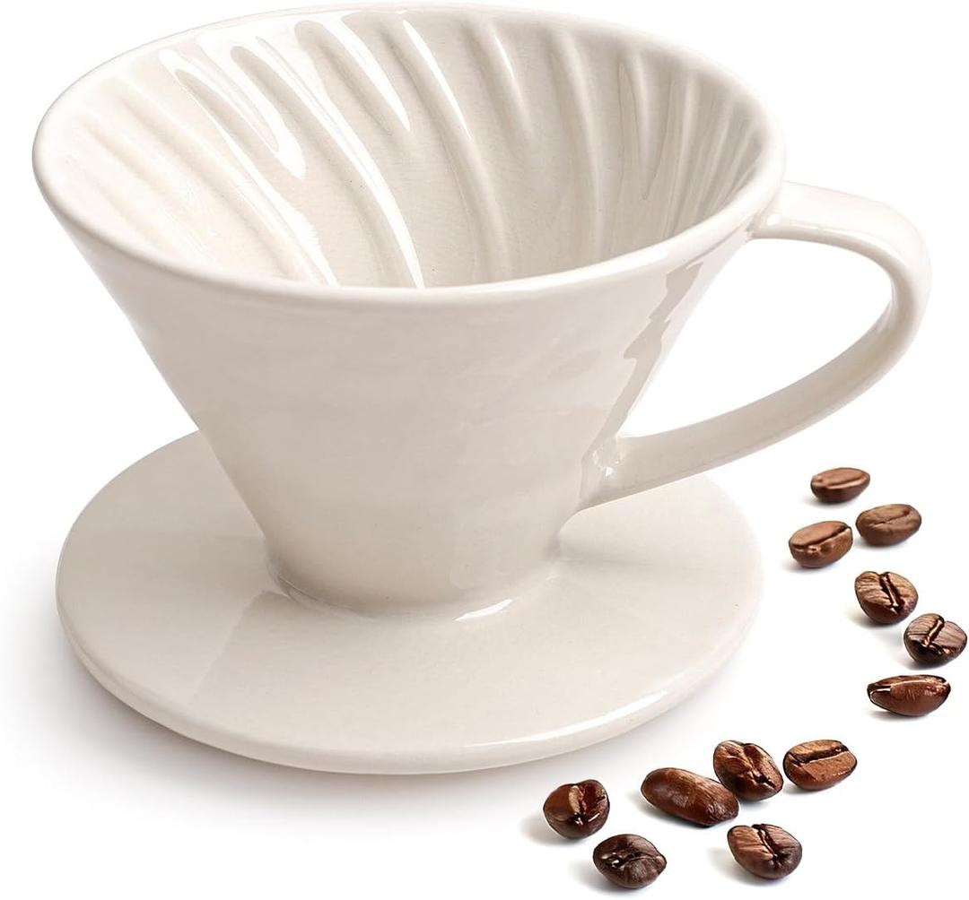 Pour Over Coffee Maker, Single Cup Ceramic Coffee Dripper, Reusable Filter Cone Drip Holder Slow Brewer with Hole Flat Bottom for Home, Office, Travel, Camping (White)
