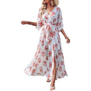ANRABESS Womens Summer Loose Boho Flowy Wrap V Neck 3/4 Sleeve Floral Print Slit Beach Wedding Guest Long Maxi Dresses 
XL